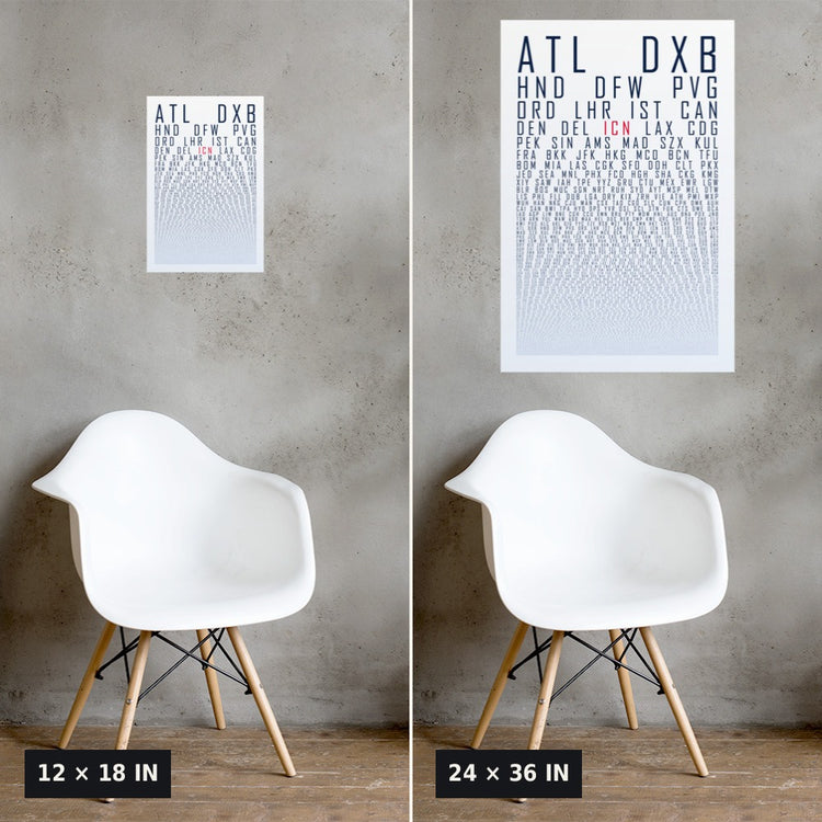 HUBS World's Busiest Airports poster, White Ice, 12x18 vs 24x36 size comparison on a concrete wall