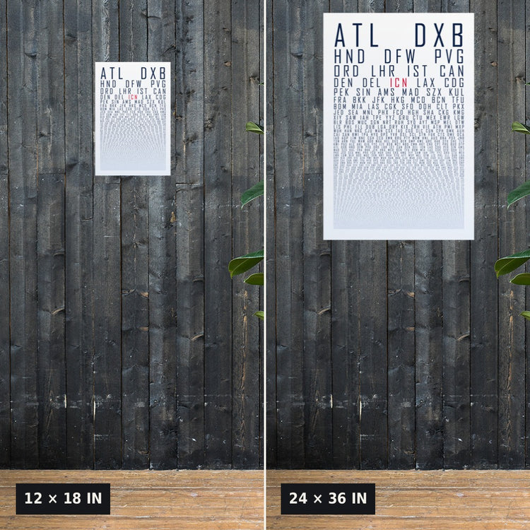 HUBS World's Busiest Airports poster, White Ice, 12x18 vs 24x36 size comparison on a dark wood wall